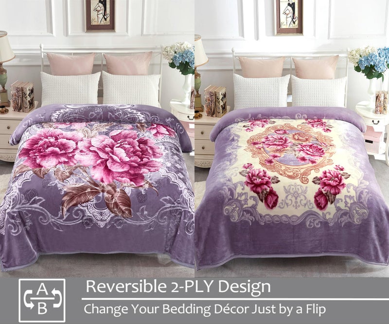 JYK Korean Faux Mink Fleece Blanket 83" X 91", 5.7 LB - 2 Ply Reversible Soft Warm Plush Flannel Blanket, A&B Pattern Printed Embossed Microfiber Blanket, (Light Purple Peony/Peony, King) - Image 3